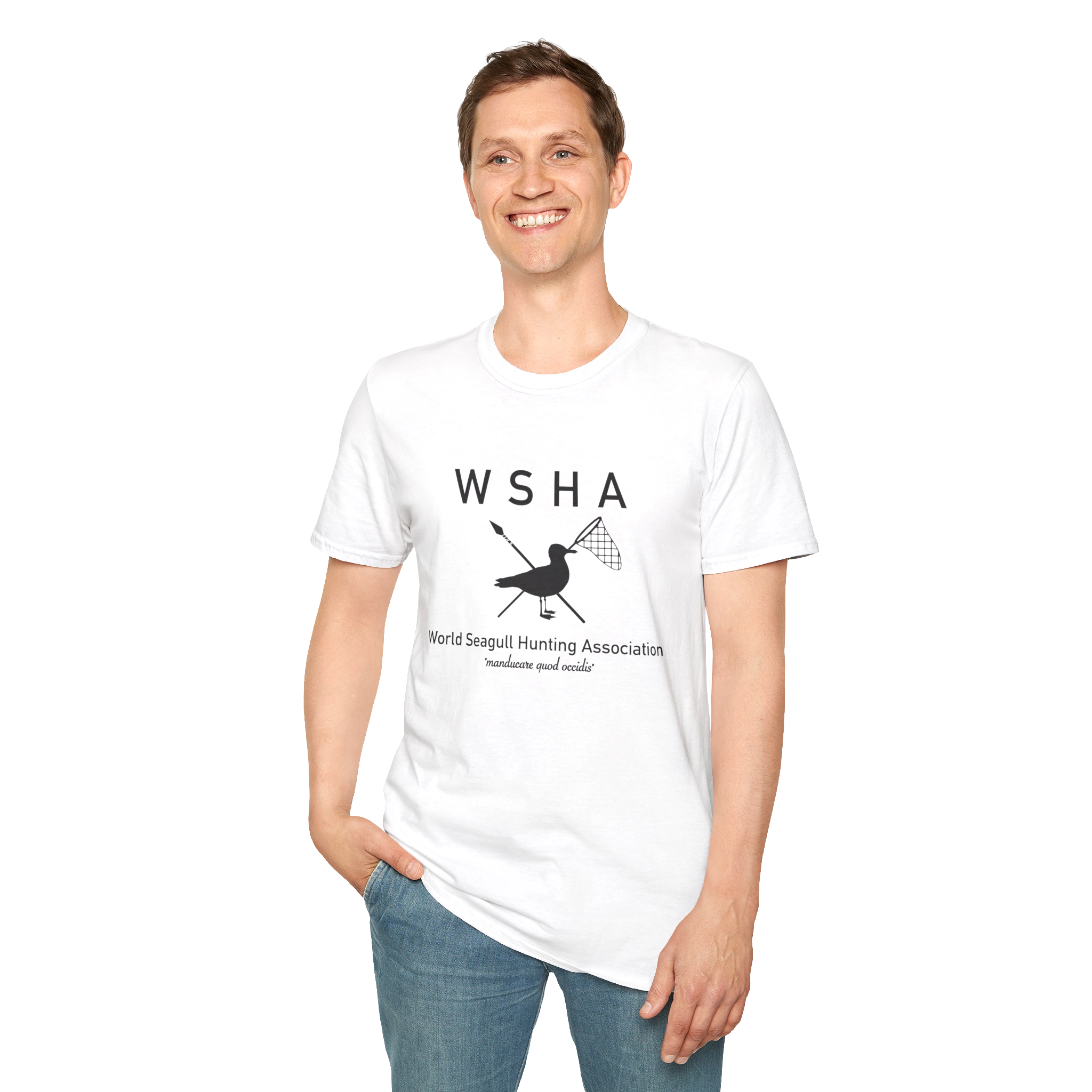 Man Wearing White T-Shirt With Black World Seagull Hunting Association Logo