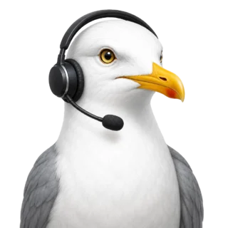 A seagull wearing customer support headphones on it's head